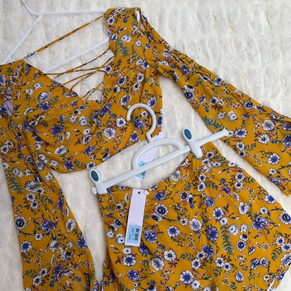 Millau Floral Yellow Long Sleeve Lace-up Top